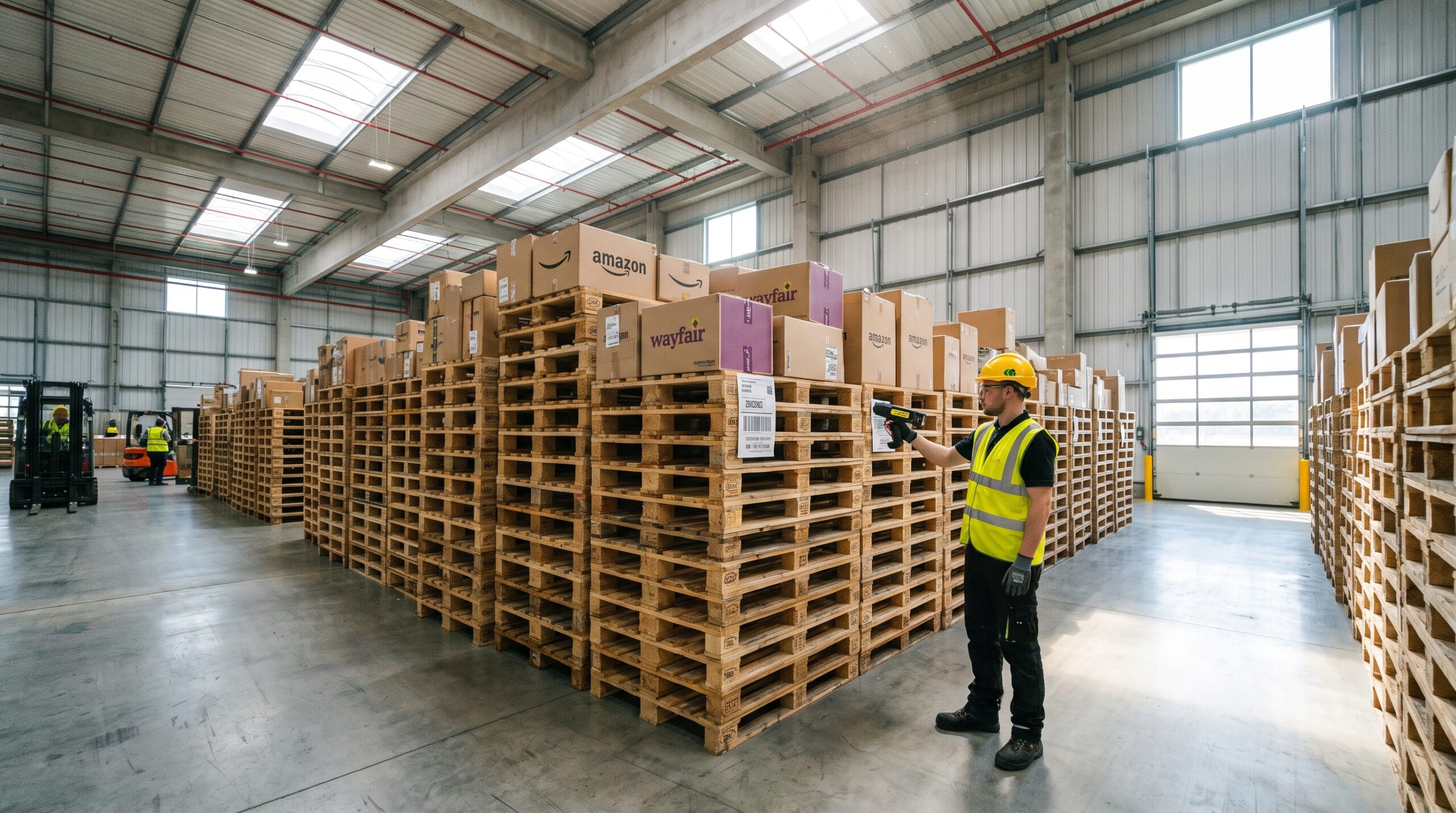 Bulk pallet storage warehouse illustrating Amazon AWD fees for ecommerce sellers