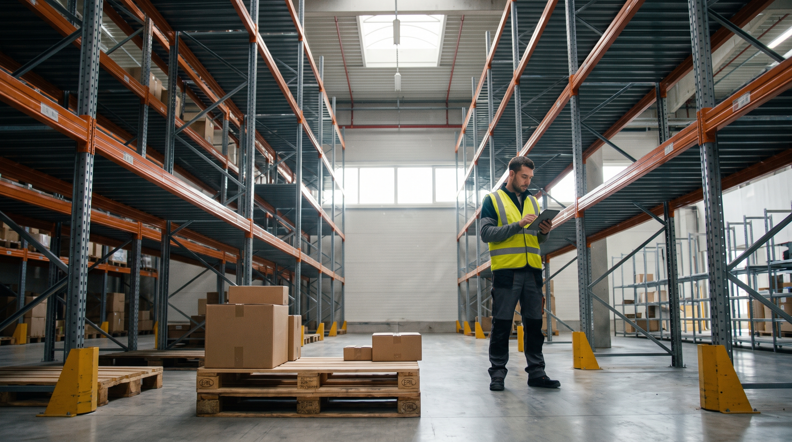 Nearly empty fulfillment center shelving with a worker checking an inventory dashboard, illustrating the Amazon low-inventory-level fee in 2026