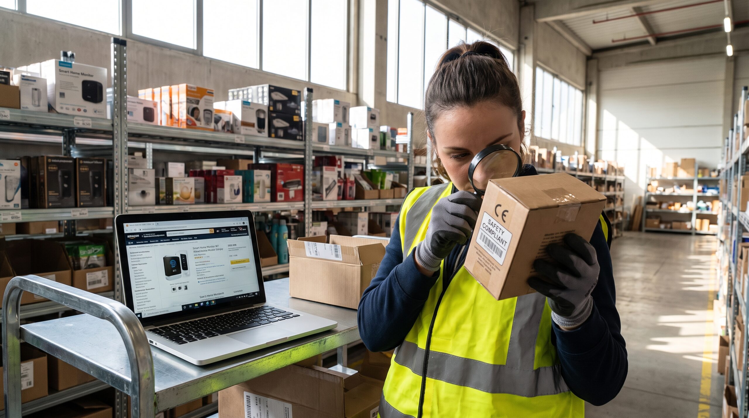 Warehouse worker checking a product safety label on a parcel bound for Europe, EU GPSR compliance for ecommerce sellers