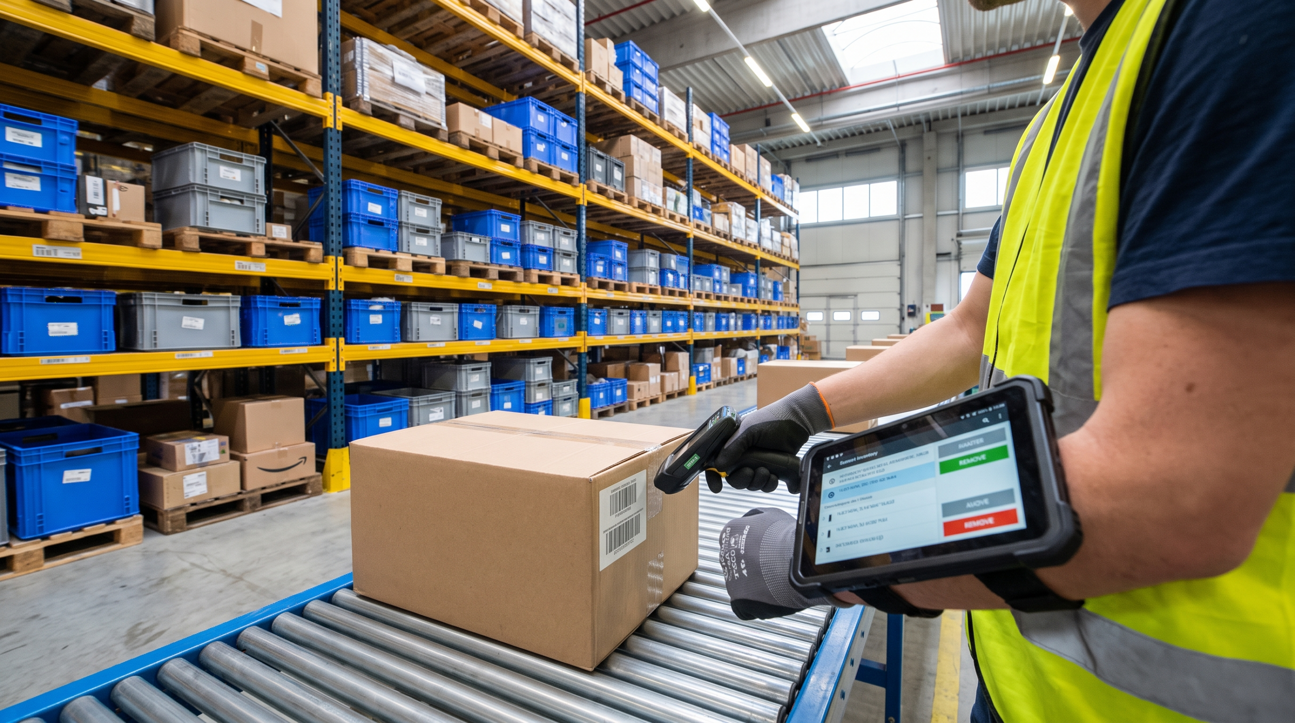 Fulfillment centre worker scanning units during a removal order, illustrating FBA removal fees