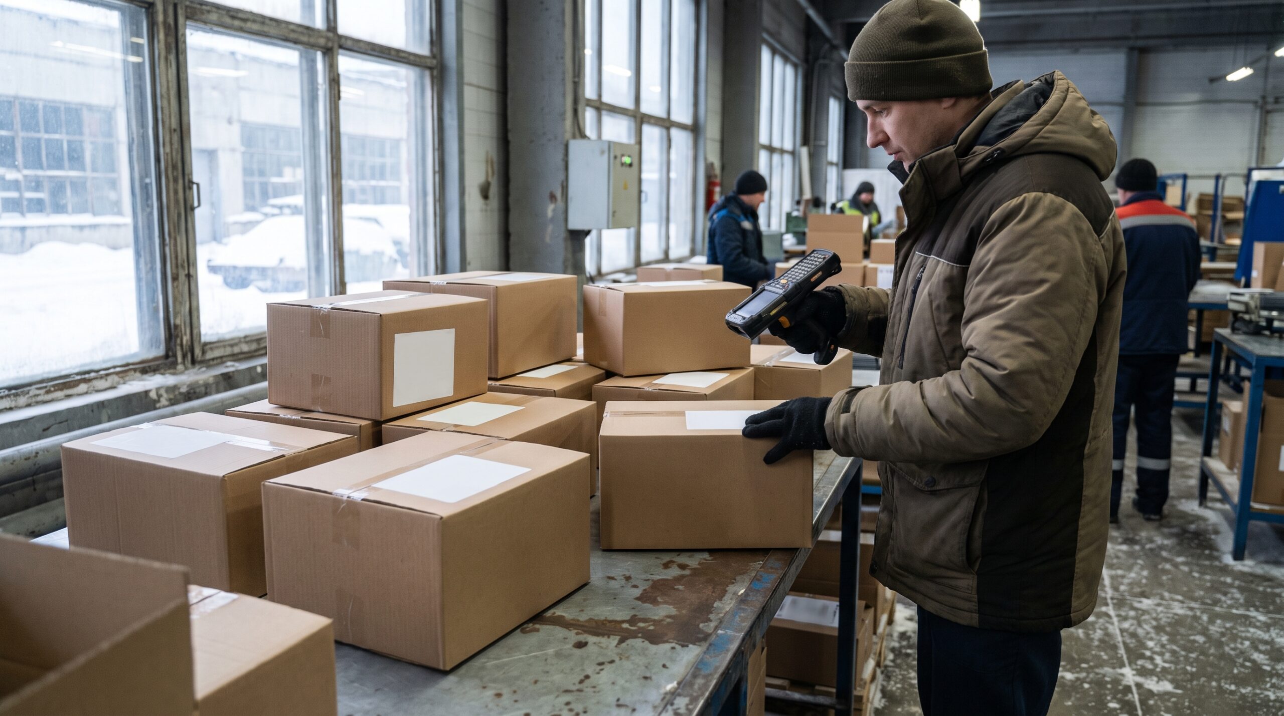 Fulfillment worker scanning returned parcels during the holiday return window in January