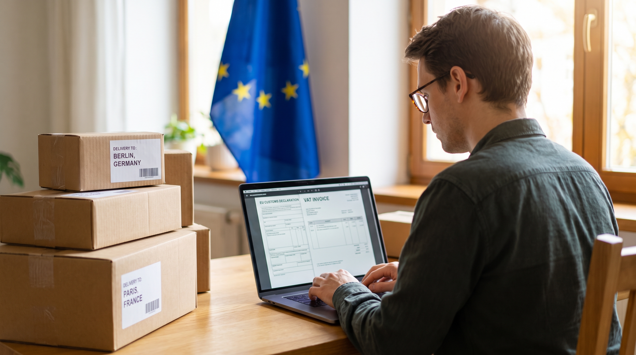 E-commerce seller reviewing EU VAT paperwork for IOSS registration beside parcels bound for Europe