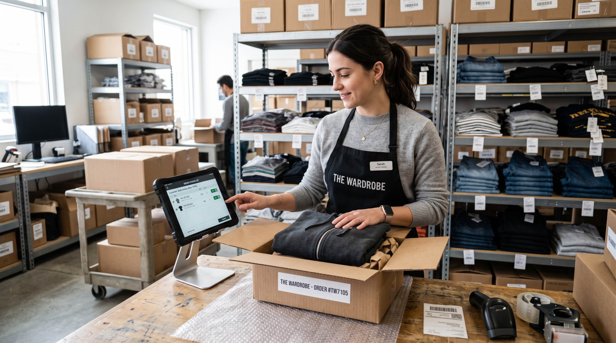 Retail employee packing an online order in a store back room using ship from store fulfillment in 2026