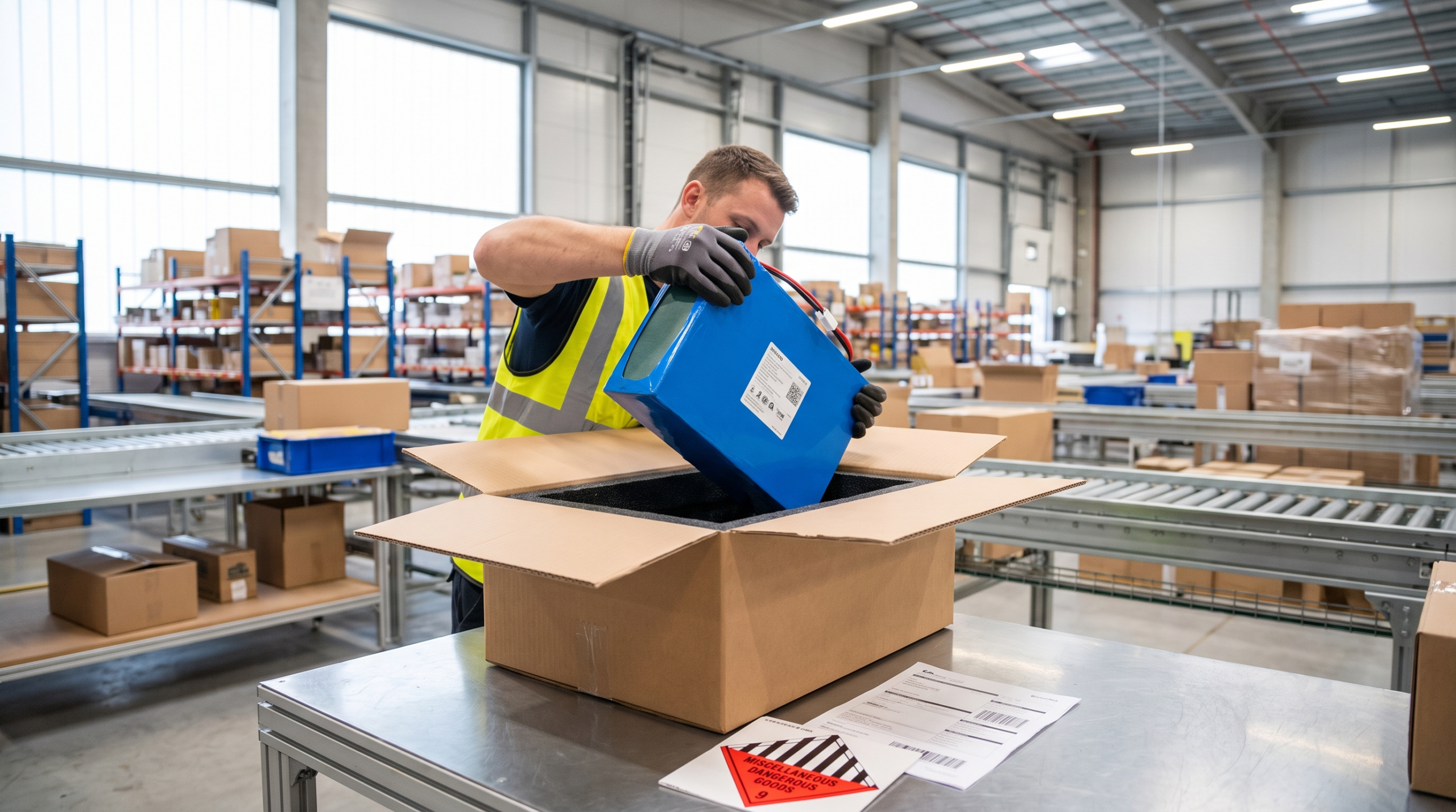 Warehouse worker packing a device for shipping lithium batteries in 2026 under hazmat rules