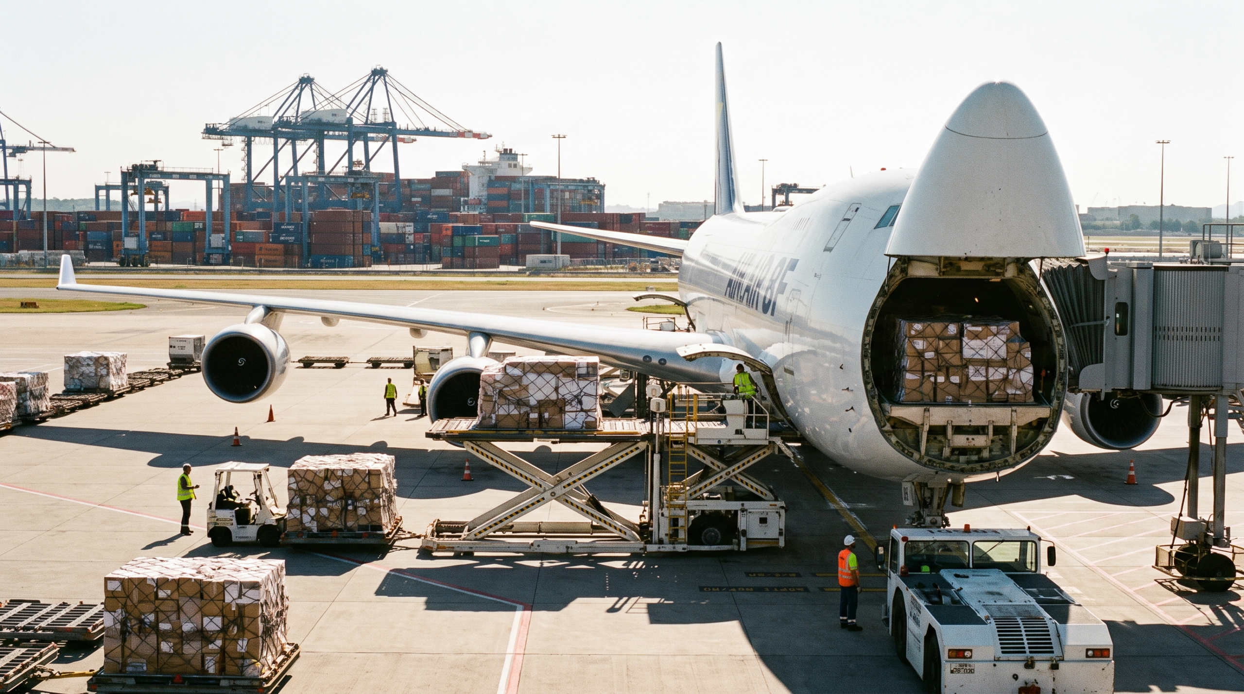 Shipping to China from the US: pallets of ecommerce parcels loaded into a cargo aircraft