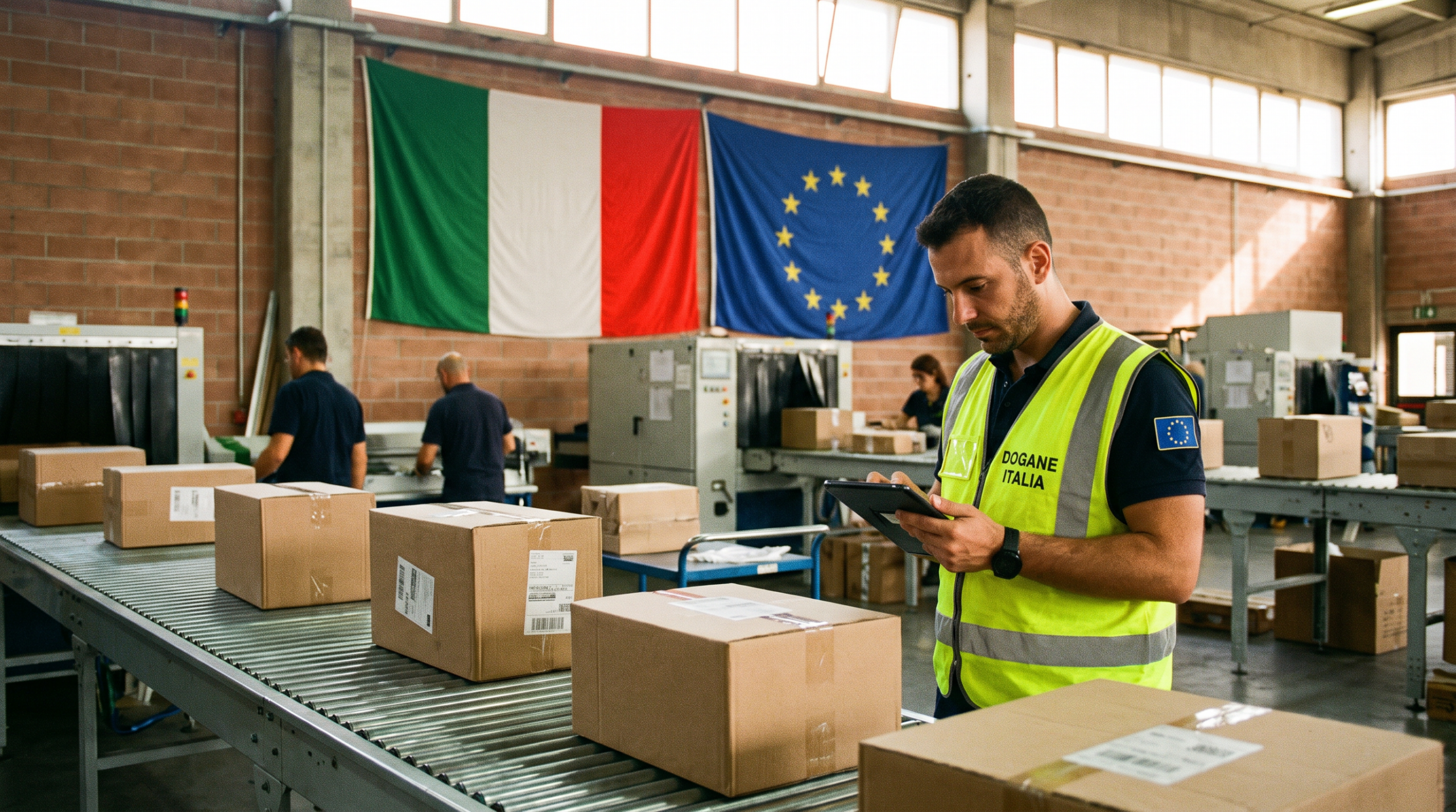 Customs officer checking ecommerce parcels on a conveyor, illustrating shipping to Italy from the US in 2026