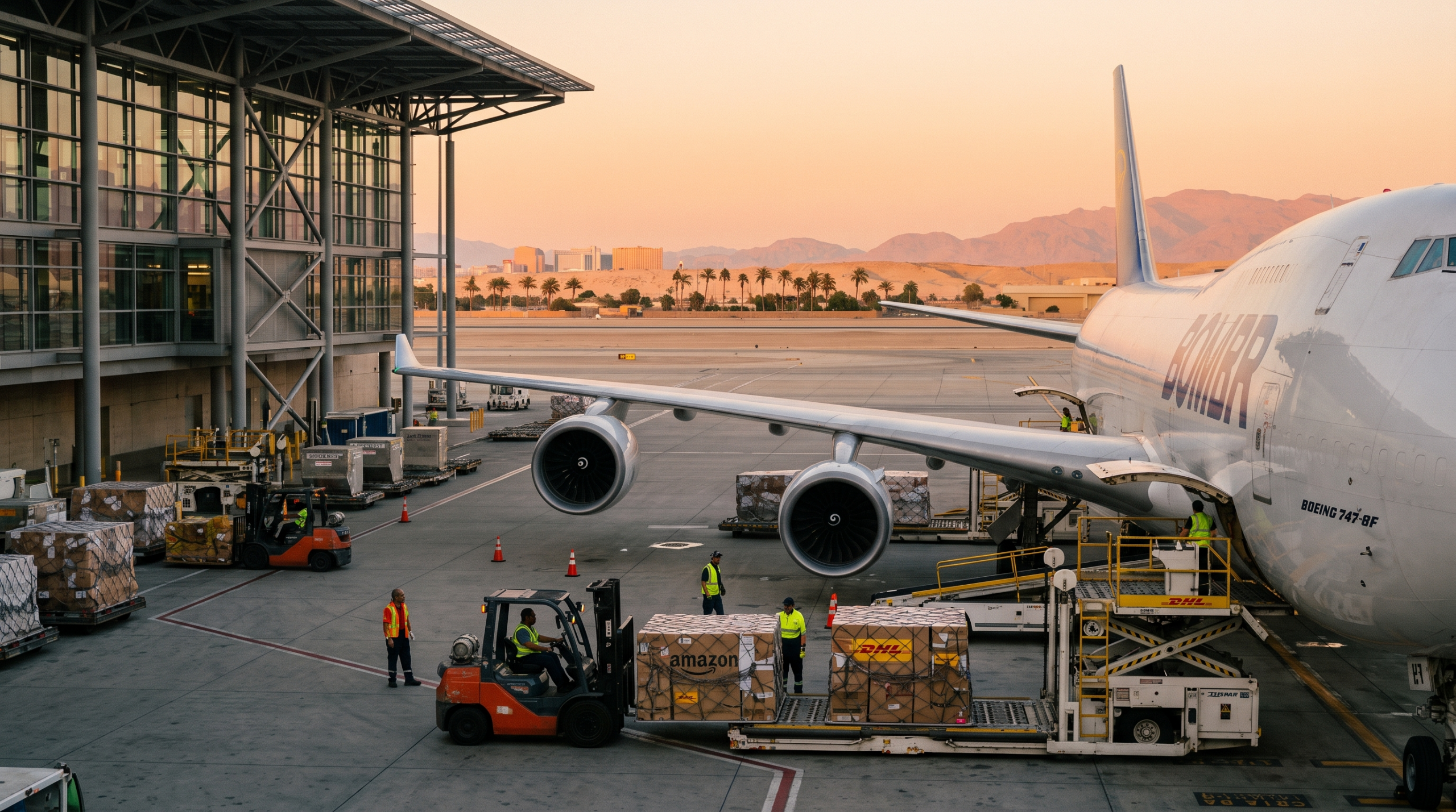 Air cargo crew loading parcels for shipping to Saudi Arabia from the US