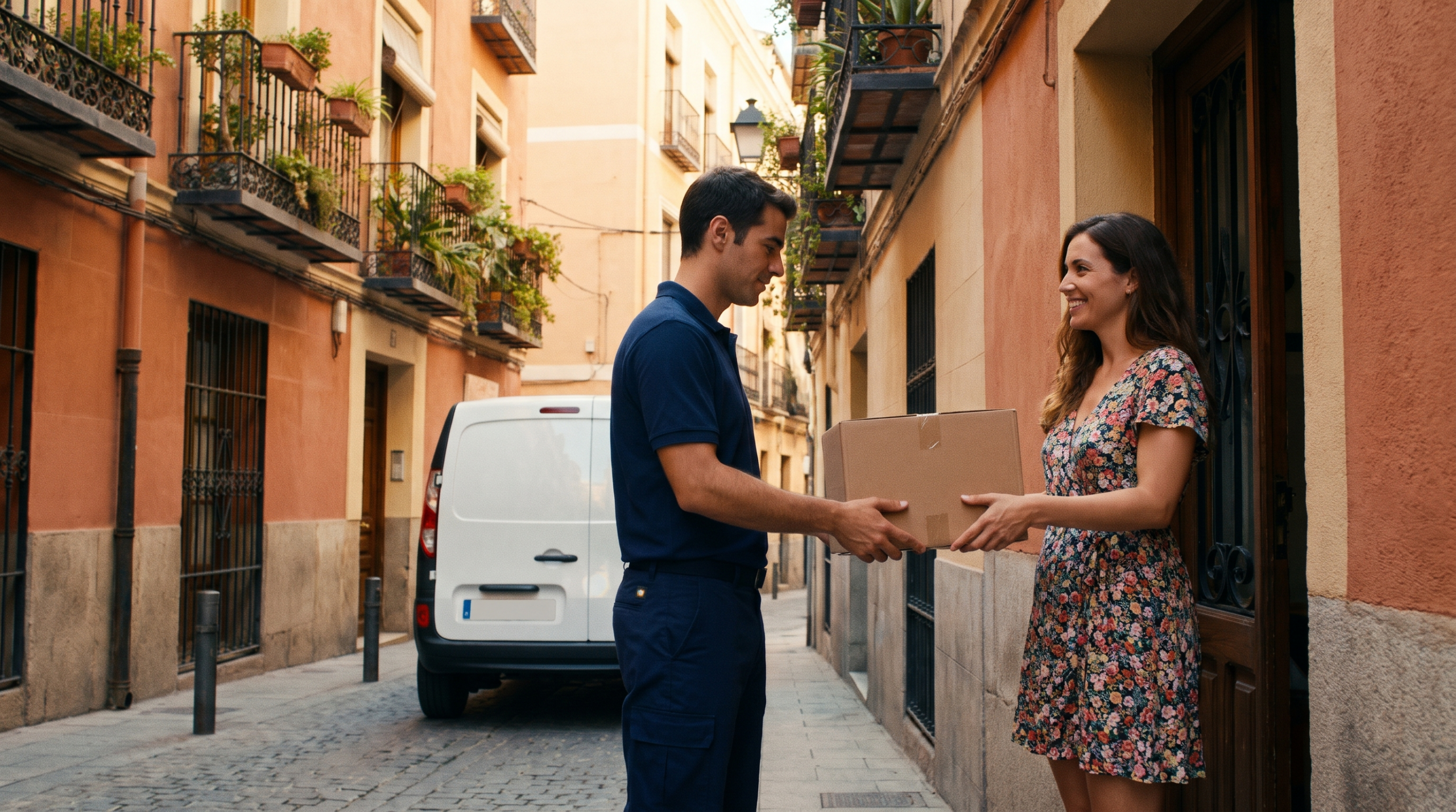 Courier delivering an ecommerce parcel on a Spanish street, illustrating shipping to Spain from the US in 2026