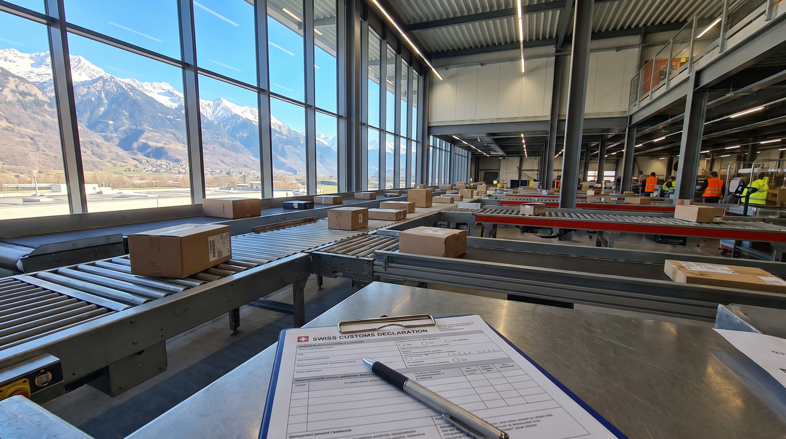 E-commerce parcels on a conveyor at a Swiss sorting facility illustrating shipping to Switzerland from the US