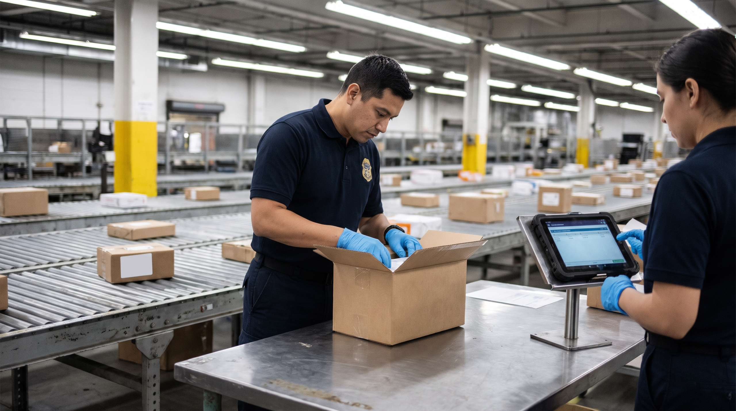US postal shipment data requirements: customs officers reviewing parcel entry data filed into ACE