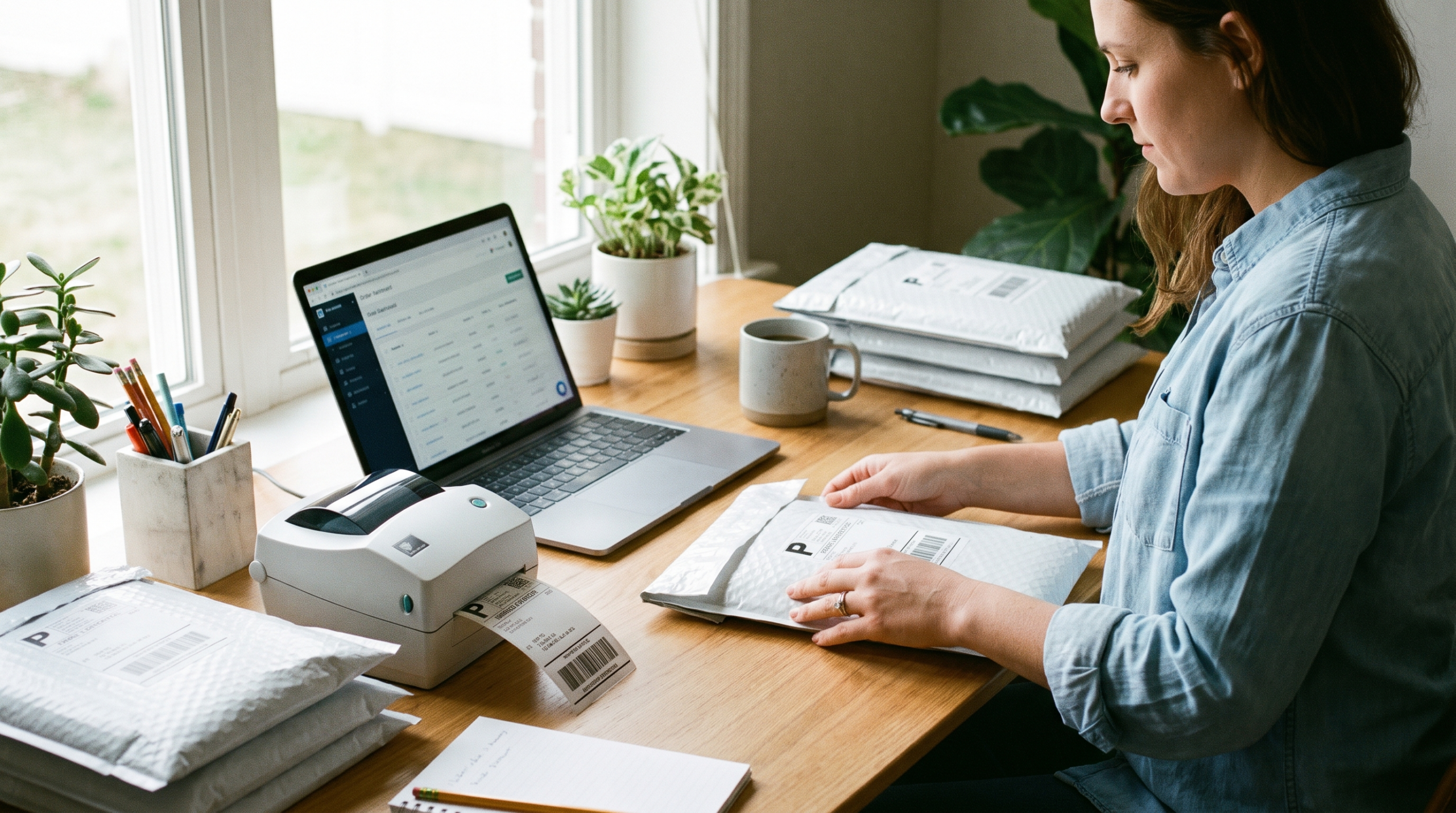 Ecommerce seller packing poly mailers beside a thermal label printer, planning for the USPS January 2027 rate change
