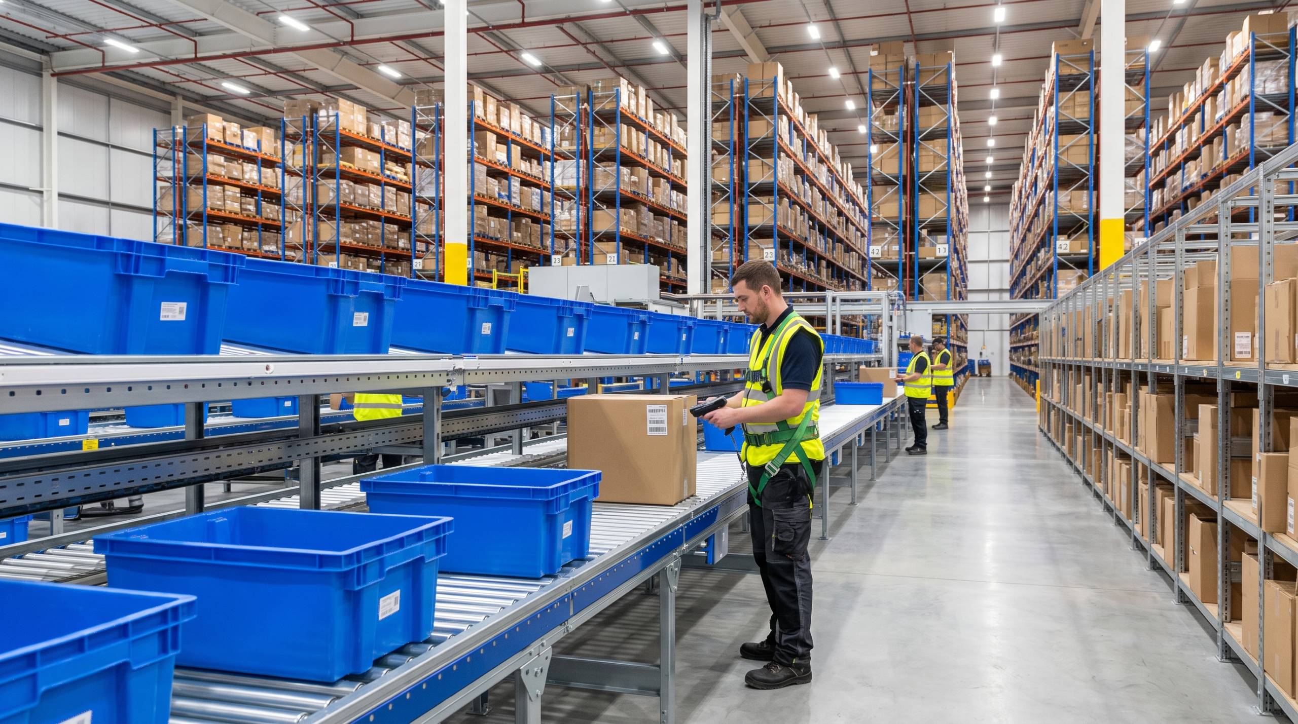 Ecommerce fulfillment center conveyor and racking illustrating WFS fees 2026 for Walmart sellers